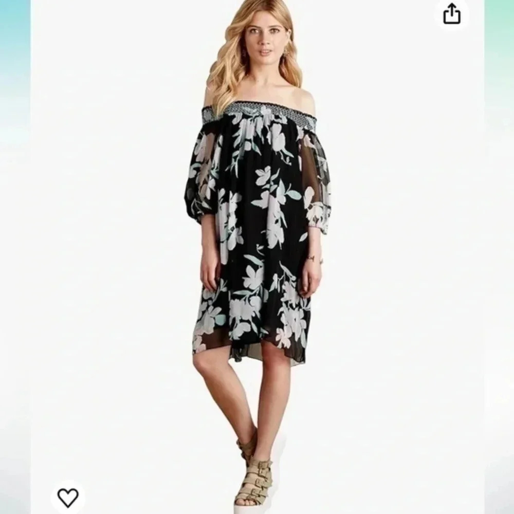 Anthropologie | Maeve | 100% Silk Black Floral Paola Silk Swing Dress Size XS